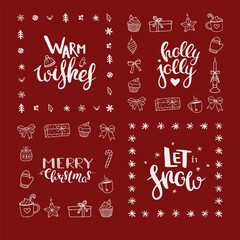 Red and white Christmas greeting card templates with doodles and hand drawn lettering, vector design