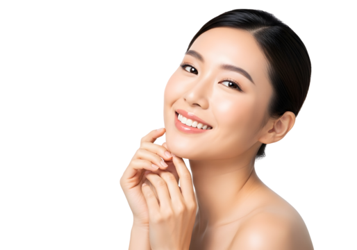 Radiant smiling young Asian woman confidently showcasing her flawless natural skin and pure beauty portrait for wellness and healthy lifestyle