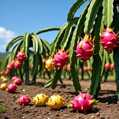 Colorful Dragon Fruits on Cactus Plants in Sunny Plantation