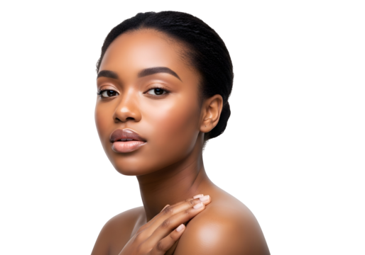 Elegant young African American woman with luminous skin gracefully touching her shoulder, exuding natural beauty and serene confidence in a clean studio portrait showcasing healthy skin