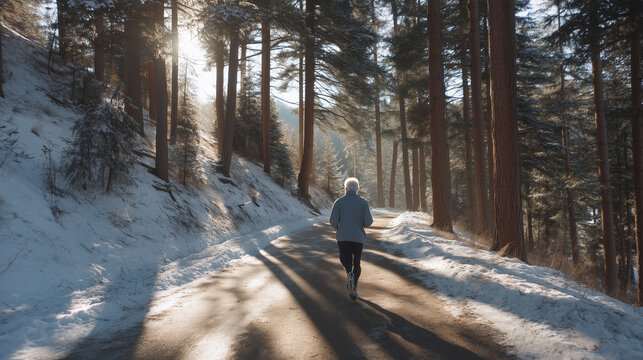 Winter Jog in Snowy Pine Forest with Sunbeams - Powered by Adobe