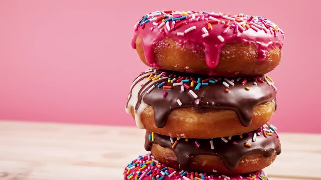 Stack of four delicious, colorful donuts with various frostings and sprinkles on a wooden table