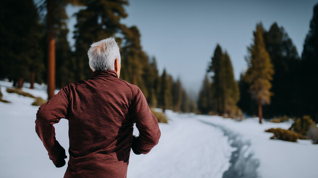 Man jogging in snowy forest landscape