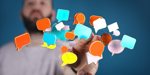 Concept of communication through colorful connected speech bubbles held by a person.  Digital connection and on
