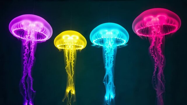 Colorful glowing jellyfish swimming in deep blue water