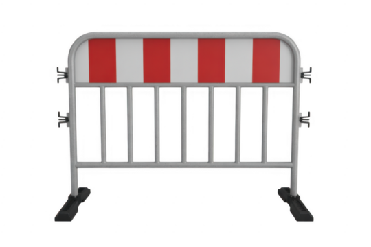 Silver metal construction barrier with red and white stripes isolated on a transparent background