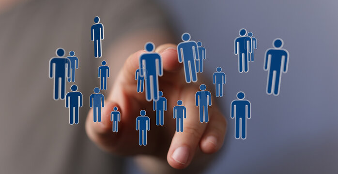 Concept of teamwork and communication in the digital sphere. Hand reaching towards a group of people icons. Net