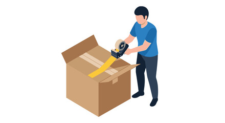 Man sealing cardboard box with tape gun for shipping or moving services, perfect for logistics, delivery, or home relocation promotions