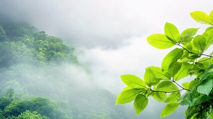 Vibrant green leaves in the foreground contrast with a misty, verdant mountain range in the background, creating a serene and natural atmosphere.