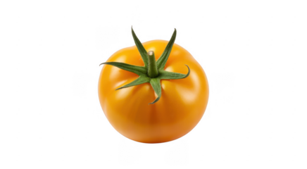 Single yellow tomato with green stem and leaves isolated on a transparent background 2