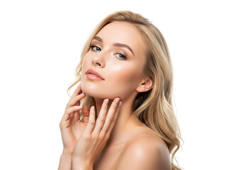 Stunning blonde woman with flawless radiant skin gently touches her face, reflecting natural beauty, youthfulness, and the concept of premium skincare and wellbeing