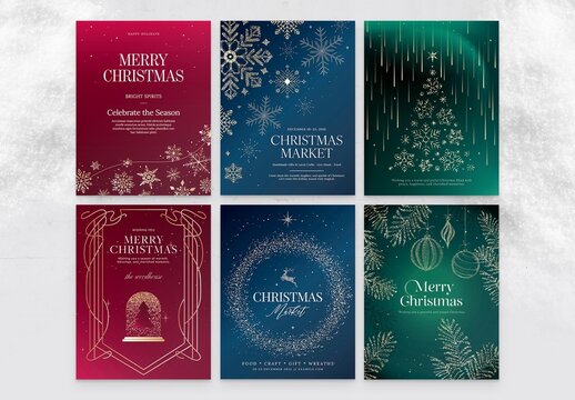 Christmas Winter Wonderland Poster Flyer Set in Classic Festive Invitation Style & Luxury Blue Red Green Gold Hues
