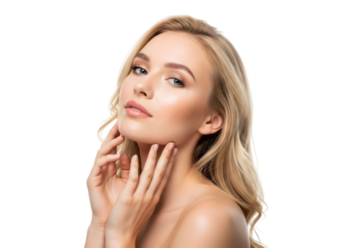 Stunning blonde woman with flawless radiant skin gently touches her face, reflecting natural beauty, youthfulness, and the concept of premium skincare and wellbeing