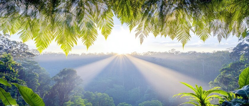 View through a dense rainforest canopy with lush green foliage framing the scene. Sunbeams pierce through the morning mist over rolling hills of trees. - Powered by Adobe