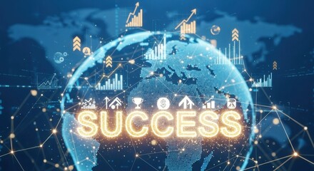Global business success concept with financial charts and data analysis on a world map background for investment growth