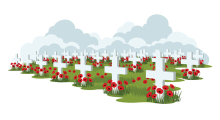 Remembering heroes with poppies and crosses in a field under a cloudy sky symbolizing remembrance and sacrifice on memorial day