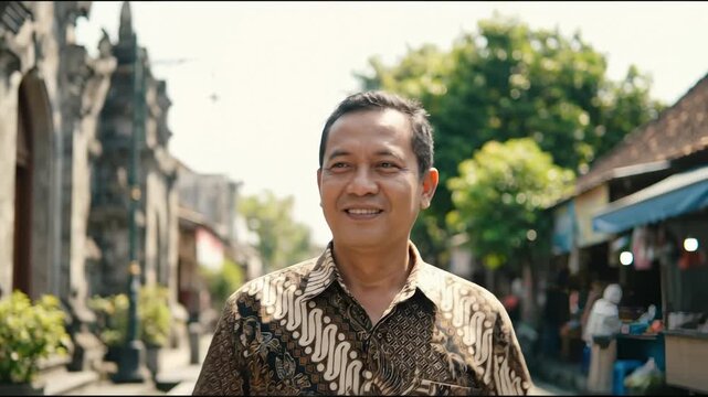 Balinese Man Smiling and Looking Away While Walking in Ubud, Bali