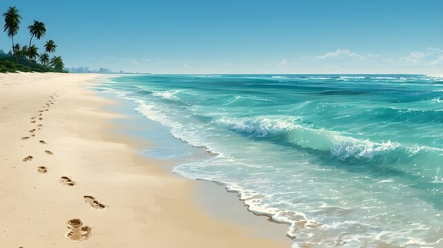 tropical beach paradise with turquoise ocean waves footprints in sand palm trees peaceful vacation destination landscape