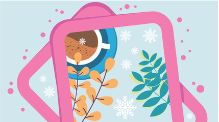 Pink phone with a cup of coffee and New Year's snow, Christmas branches, cards and frames