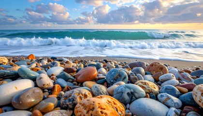 Seashore Serenity - Colorful Pebbles Meet the Oceans Embrace.