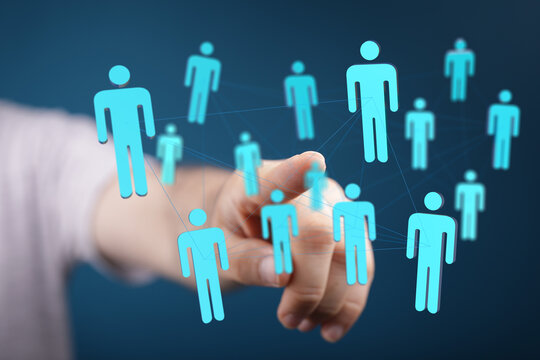 Connecting people in the digital world. Human icons symbolize communication, teamwork, and global connections.  A concept for technology, social