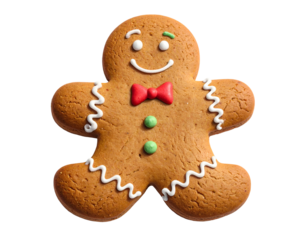 Happy gingerbread man cookie with red bow tie and buttons