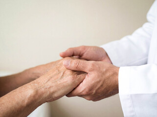 Doctor holding patient hands support empathy medical care trust compassion closeup healthcare hospital mental health comfort reassurance professional help gesture clinic