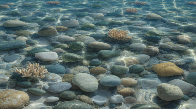 Shallow clear water over smooth river rocks with coral formations underwater view