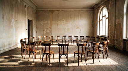 Empty chairs arranged in circle support group meeting therapy session concept mental health community psychology background preparation discussion teamwork rehabilitation room interior