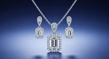 Elegant diamond jewelry set featuring a necklace and earrings displayed against a gradient blue background for luxury promotions