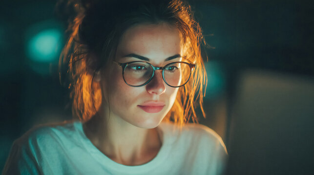Young woman with glasses intensely focused on screen, illuminated by digital light