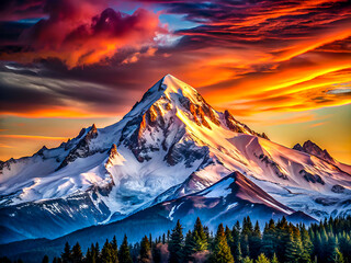 Breathtaking Snow-Capped Mountain at Fiery Sunset