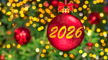 Happy New Year 2026. Blurred background of Christmas tree decorated with big red ball and lights, toys, illumination. Bokeh. Greeting Postcard. Celebration