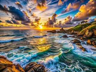Dramatic Golden Hour Seascape with Powerful Waves and Vibrant Sky