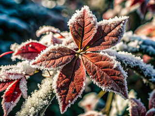 Delicate Red Leaves with Sparkling Frost – Winter Morning Close-Up Nature