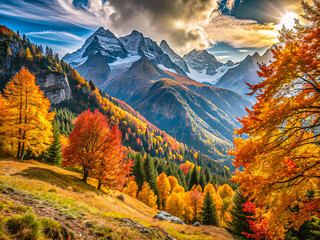 Epic Alpine Autumn Landscape with Vibrant Fall Colors and Dramatic Sunlight