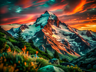 Epic Alpine Peak Illuminated by Dramatic Golden Sunset