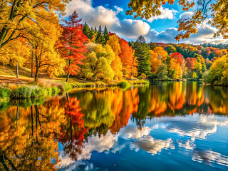 Vibrant Autumn Forest Reflection in Crystal-Clear Lake