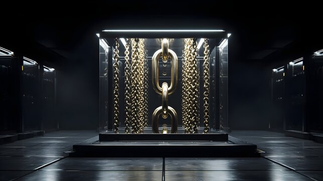 Photorealistic modern blockchain as a high-tech gold chain on black. Concept: Blockchain technology, data security, fintech, digital storage, cybersecurity, secure information storage