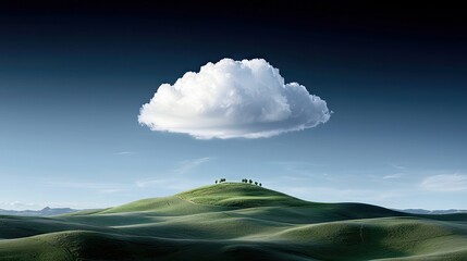 A solitary white cloud floats above a lush green hill dotted with a small cluster of trees. The landscape features rolling hills and a gradient sky, creating a