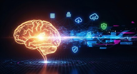 Glowing brain connected to cloud computing and data security icons on a digital interface
