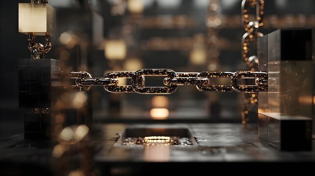 Photorealistic modern blockchain as a high-tech gold chain on black. Concept: Blockchain technology, data security, fintech, digital storage, cybersecurity, secure information storage