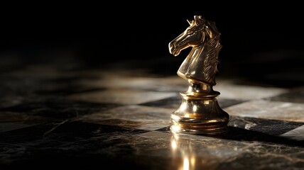 (golden chess knight)
luxury golden chess knight piece on marble board with dramatic lighting