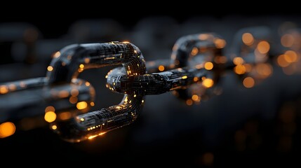 Photorealistic modern blockchain as a high-tech gold chain on black. Concept: Blockchain technology, data security, fintech, digital storage, cybersecurity, secure information storage
