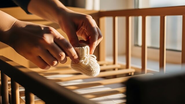 Close up of hands placing baby booties into a wooden crib
