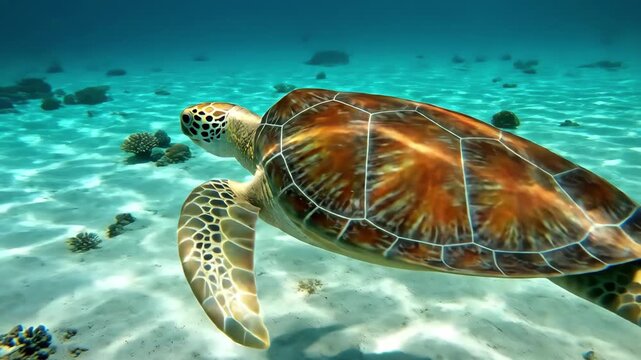 Green sea turtle gracefully swimming in crystal clear turquoise ocean water over a sandy seabed