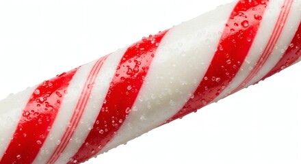 Fototapeta premium Closeup of a festive red and white striped candy cane with water droplets, isolated on white background