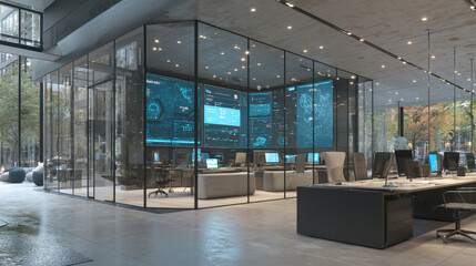 office space featuring a central glass-walled room with large, glowing digital screens displaying complex data, charts, and analysis. Represents technology, data security, command center