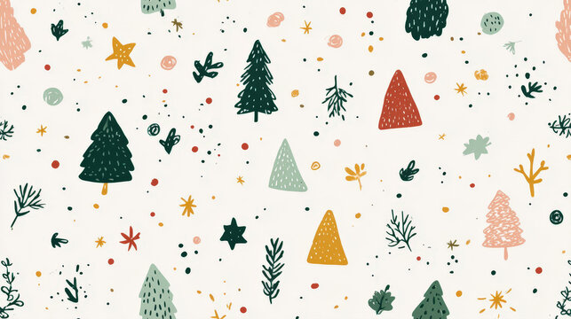 Winter pattern featuring christmas trees, stars, dots, and foliage elements in a mix of earthy and pastel holiday colors on a light background. Ideal for textile design, gift wrap, winter decor