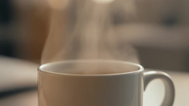 A comforting white ceramic mug filled with a hot beverage, with steam gracefully rising, creating a warm and inviting atmosphere perfect for a cozy morning or a relaxing break